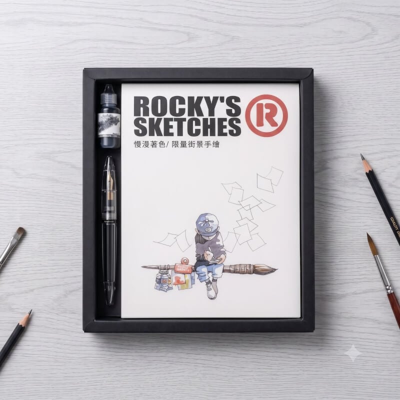 Rocky's Sketches gift set with sketchbook fountain pen and ink in black presentation box